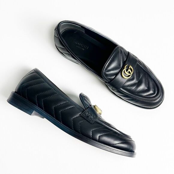 GUCCI Marmont Black Loafers 38.5 US 8 Matelasse Leather Quilted GG Logo - Picture 2 of 14